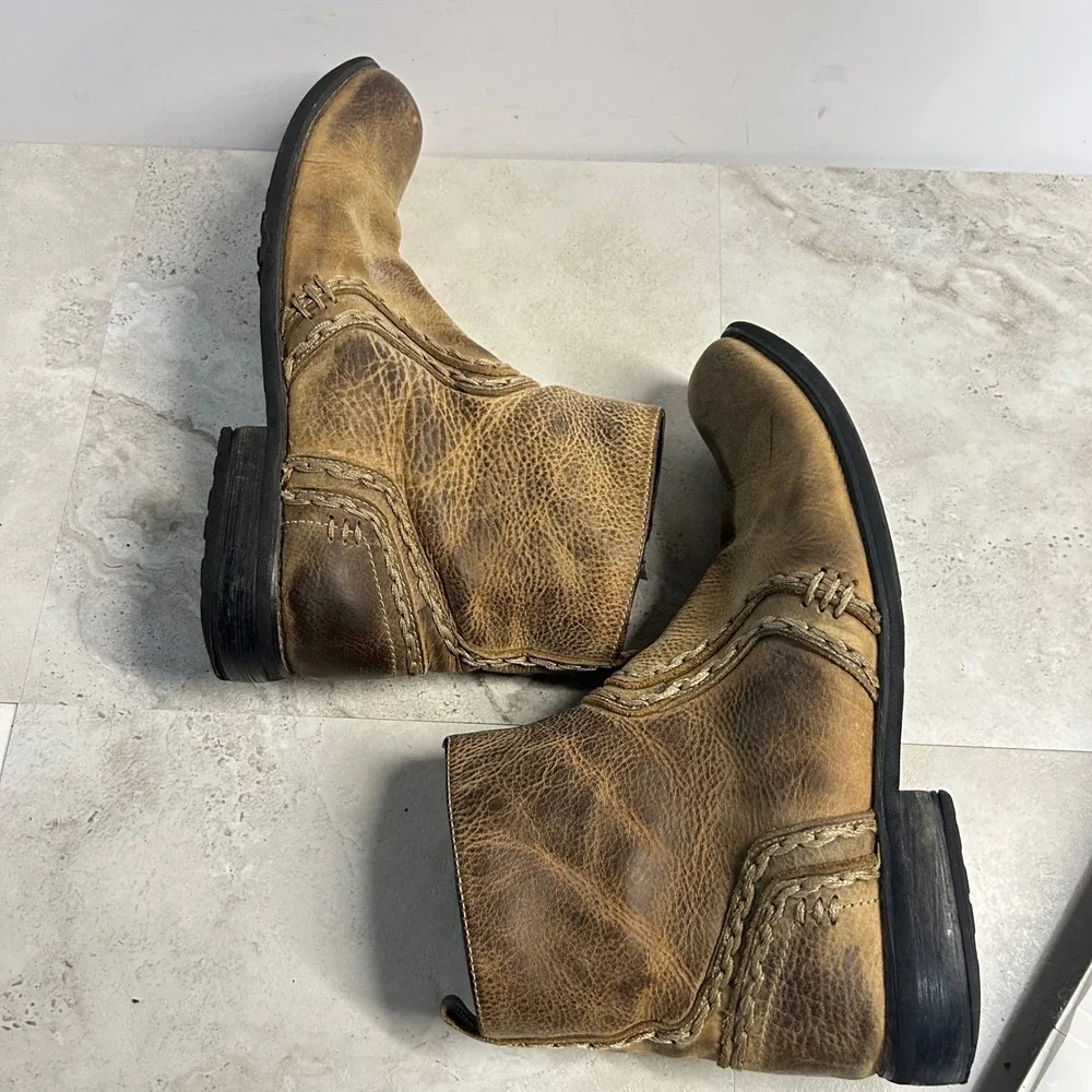 Bed Stu Distressed Tan Leather Whipstitch Side Zip Boots Mens 8.5 Rustic Rugged